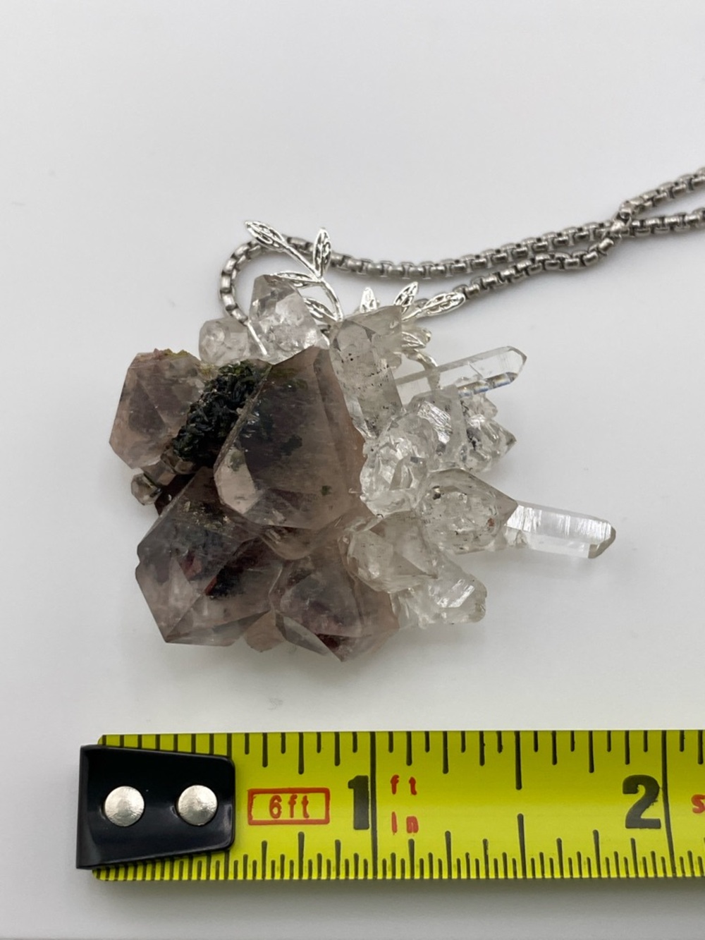 Super Seven Crystal Pendant with Herkimer Diamonds & Silver Alloy Leaf Accents - Picture 6 of 6